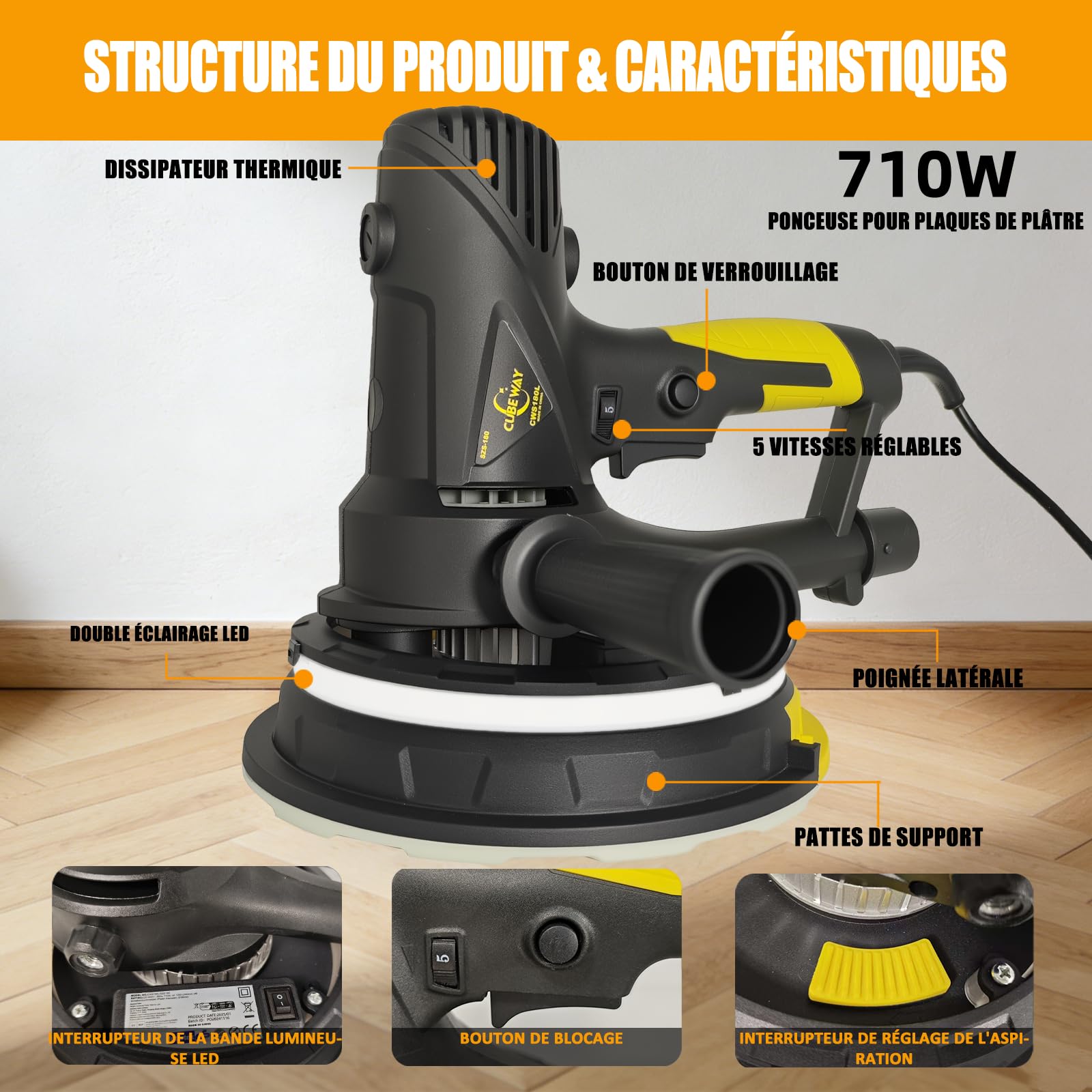 Ponceuse murale pour cloisons sèches, 710W Moteur électrique 1200-2700TR/MIN, vitesse variable, aspiration réglable, grosse et fine abrasion, 10 disques à poncer，avec lumière LED