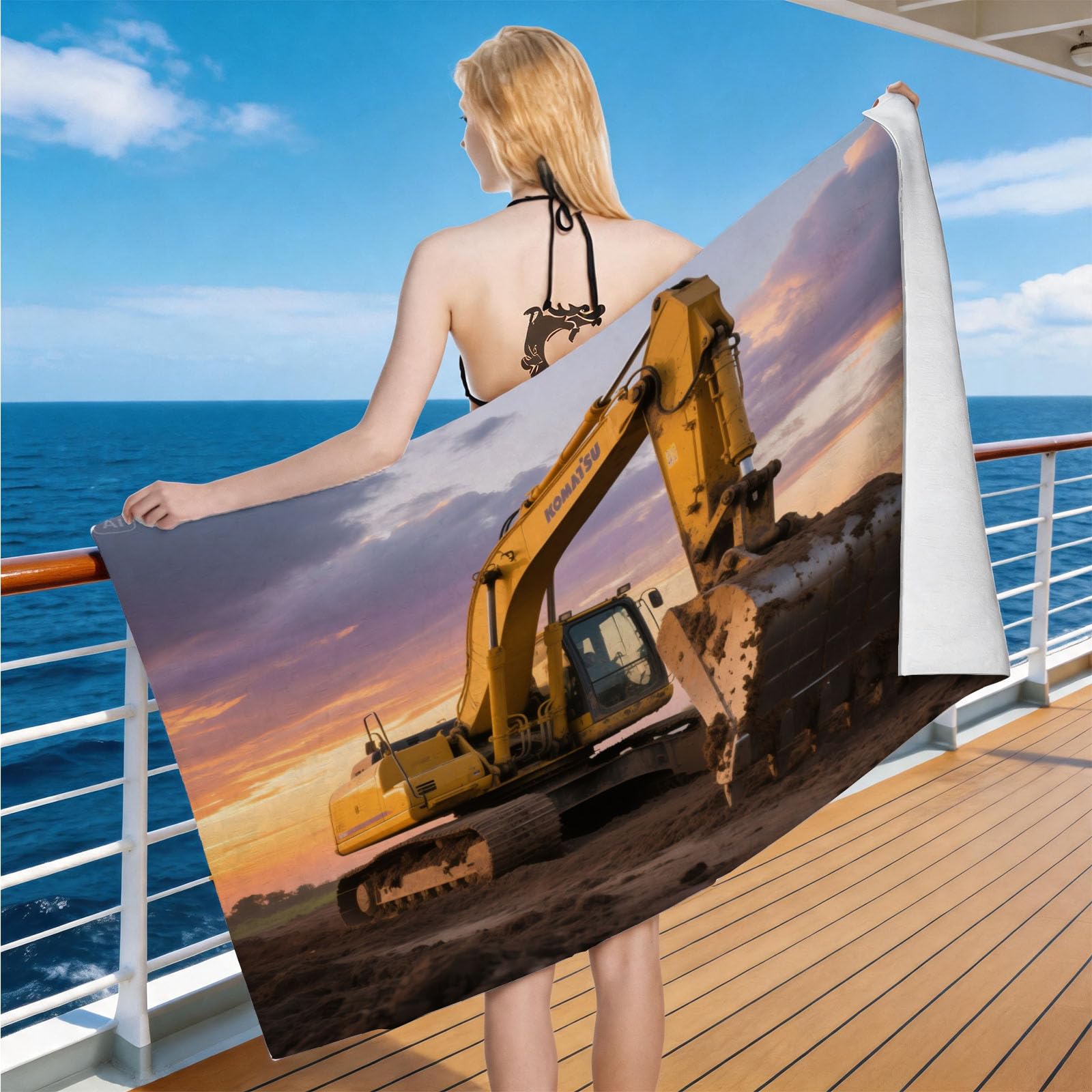 Hongduo Microfiber Quick Dry Beach Towel Construction Excavator, 3D Machinery Beach Towels Absorbent Fast Drying Bath Towels, Travel Camping Gym Swimming Bathroom (80x160cm)