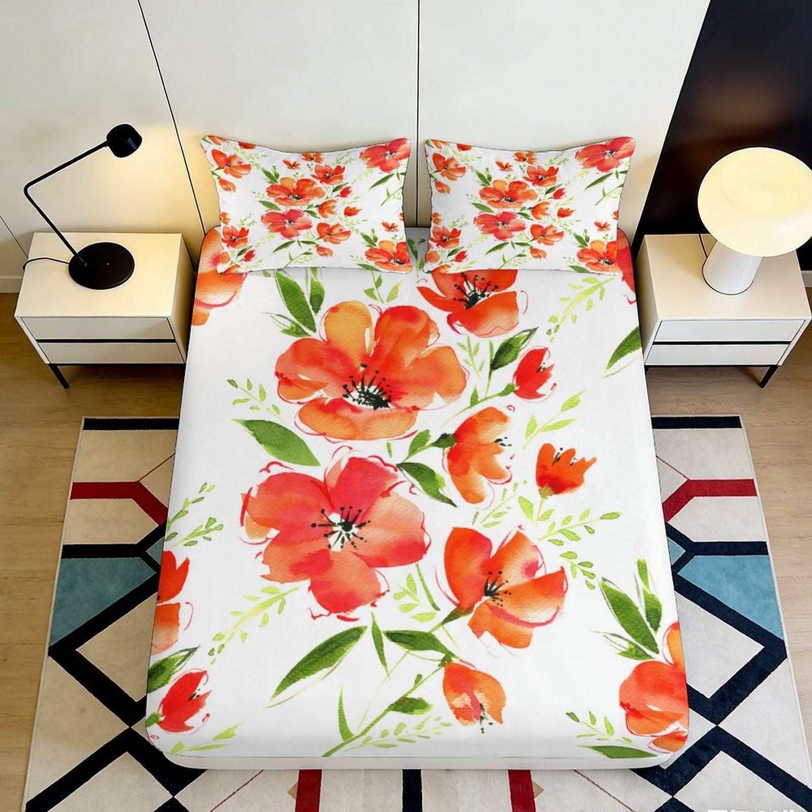 3D Printed poppy flower Fitted Sheet, Microfiber soft touch, wrinkle resistant, guest room bedding, anti-slip, easy care, bedroom decor 90x200x25cm