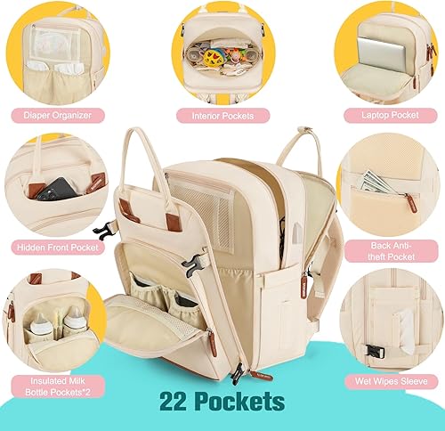 Miniatura 4 de Mochila para pañales, bolsas de pañales impermeables con puerto de carga USB, mochila de viaje antirrobo multifunción, Beige, Mochilas de día