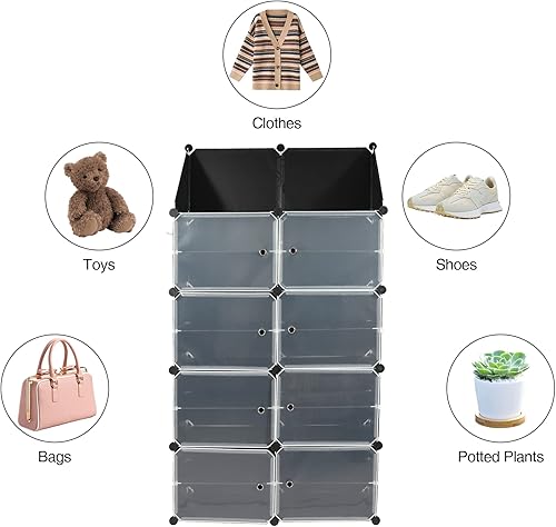 Miniatura 8 de Zapatero portátil con puertas y ganchos, 48 pares de 8 niveles apilable de plástico para zapatos, zapatero cerrado independiente de 12 cubos para