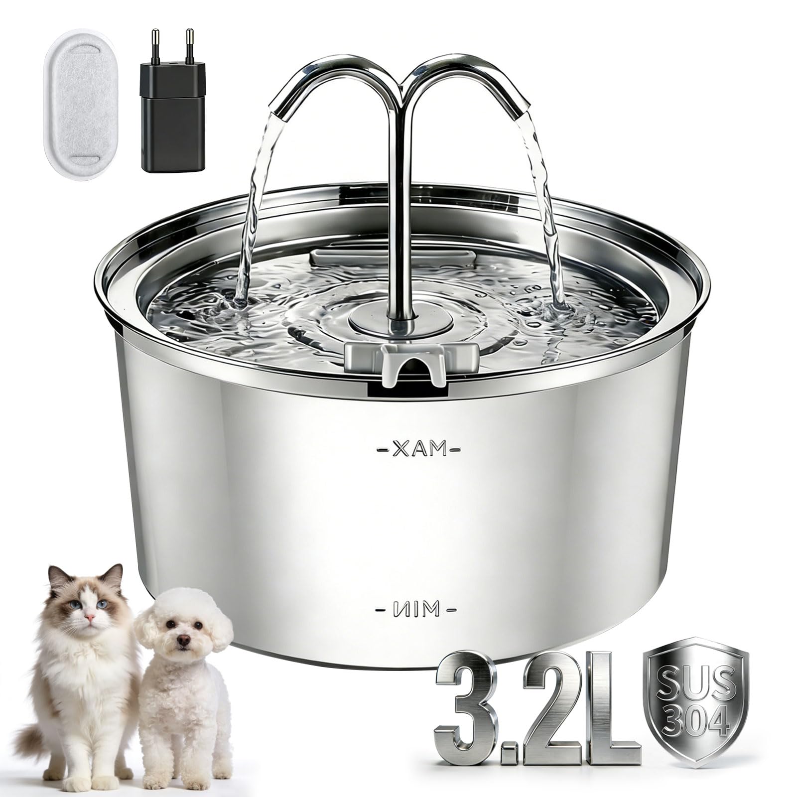 Fontanella per Gatti Acciaio Inox, 3.2L Fontana per Gatti, Silenziosa Automatico Fontanelle, Fontanella Acqua Gatto con 1 Filtro e 1 Spugna per cani