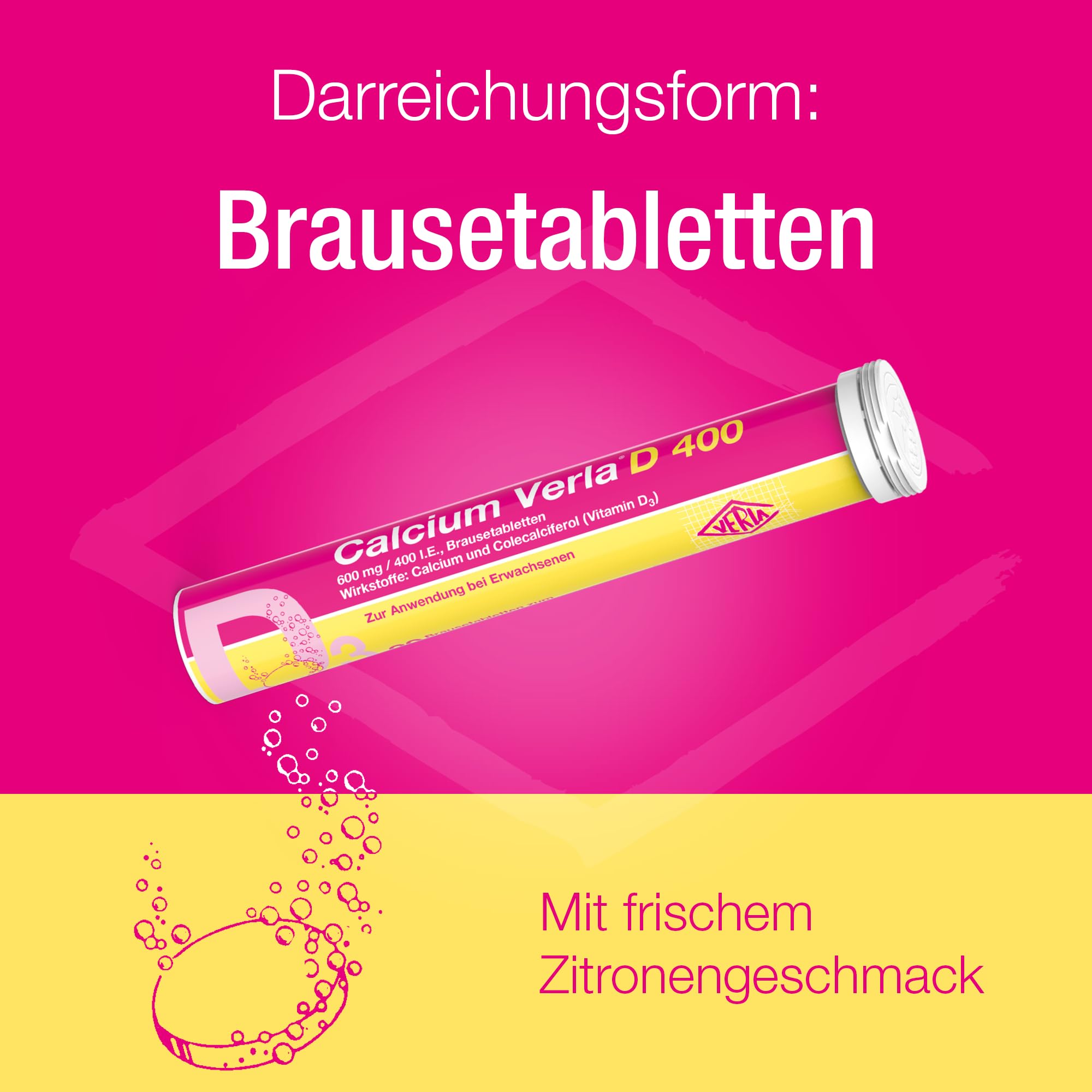 Calcium Verla D 400 Brausetabletten – Zum Auflösen in Wasser, bei Calcium- und Vitamin-D-Mangel und unterstützend bei Osteoporose, 600 mg Calcium + 400 I.E. Vitamin D3, 120 St