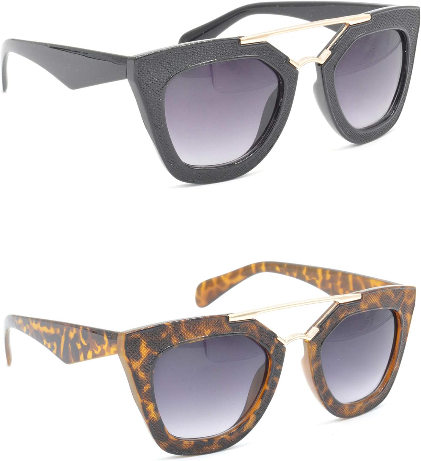 Unisex Rectangular Sunglasses Golden Frame, Grey & Clear Lens (Medium) - Pack of 2