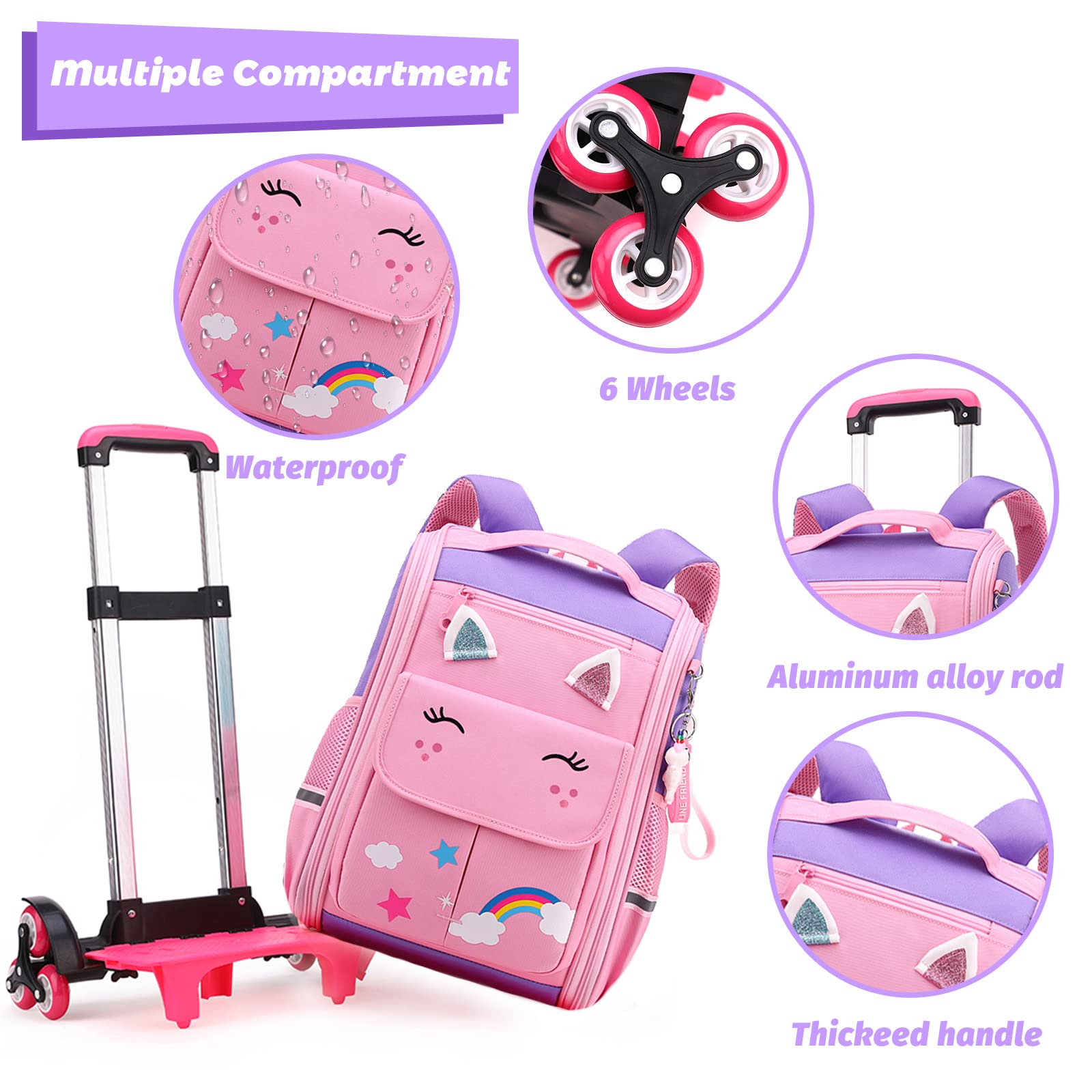 Tanou Cartable a Roulette Fille, 16 Pouces Légers Sac a Roulette Fille Primaire, Détachable Cartable Roulettes Enfant pour Voyages Scolaires, 4-9 Ans, Violet Rose