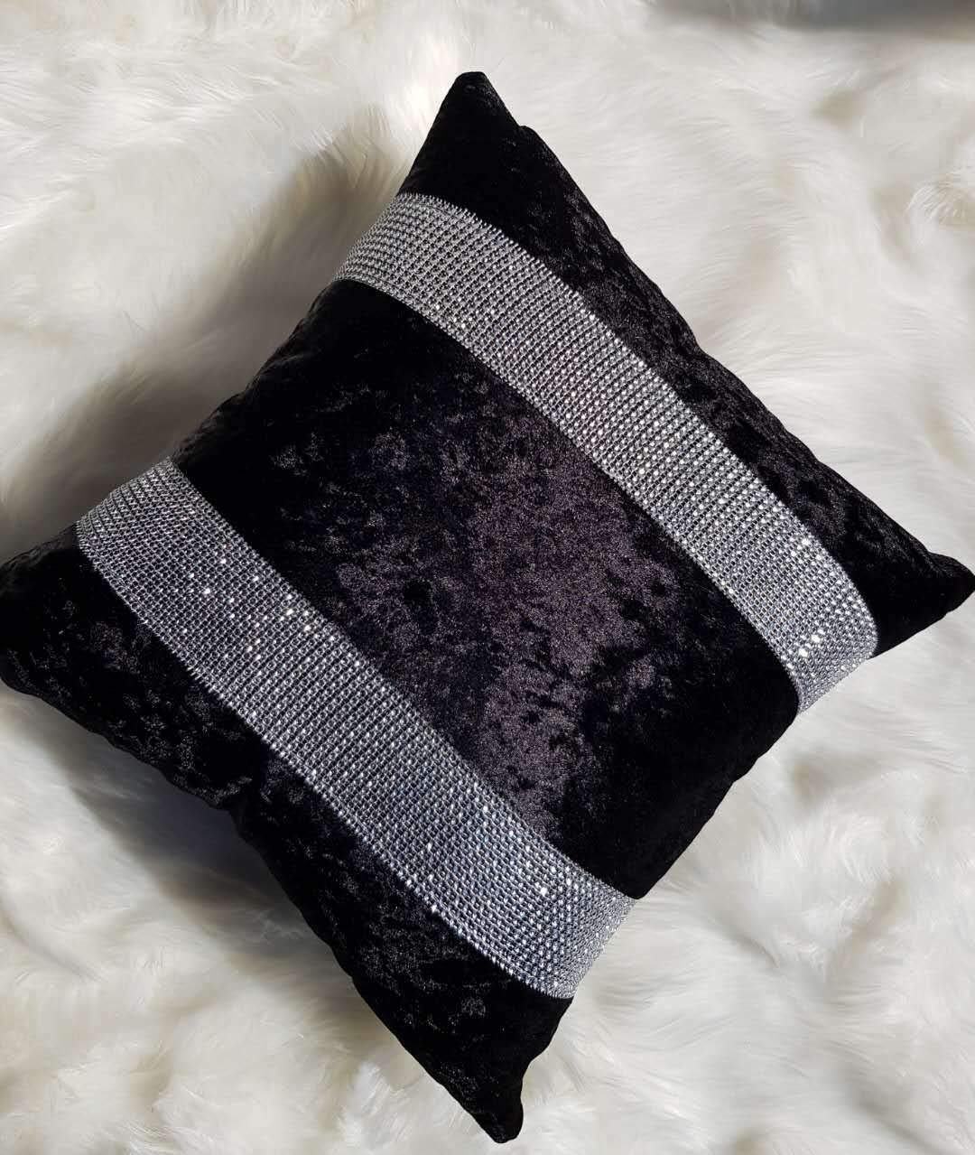 Householdfurnishing New Diamante Crushed Velvet Sparkle Bling Cushion Cover All Beautiful Colours (Black, 45 x 45 cm)