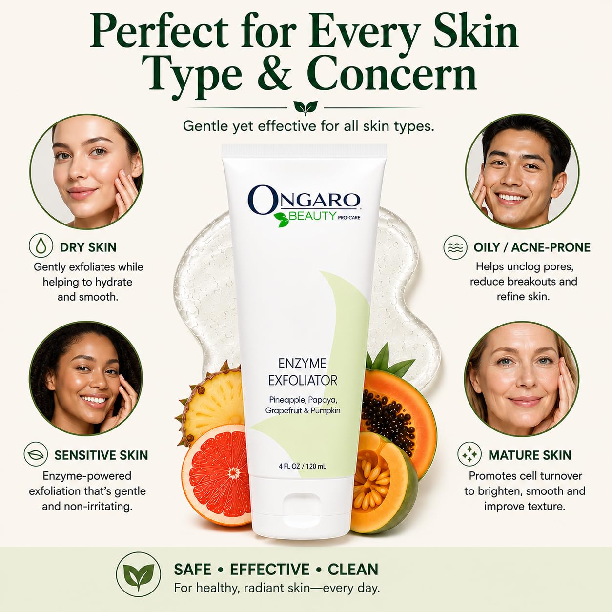Ongaro Beauty ekologiczny peeling enzymatyczny; delikatnie usuwa obumarły naskórek, najlepszy środek do czyszczenia skóry twarzy zapobiegający starzeniu się skóry z technologią probiotyczną, aloes, komórki macierzyste jabłka i peptydy; 4 oz