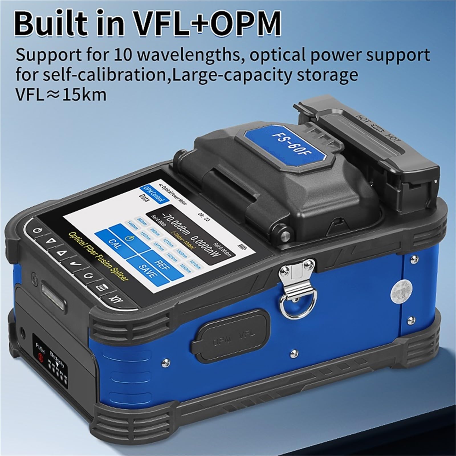 Empalmador de fusión de fibra óptica FS-60F, 6 motores, pantalla táctil multilingüe, máquina de fusión de fibra óptica FTTH, VFL OPM incorporado