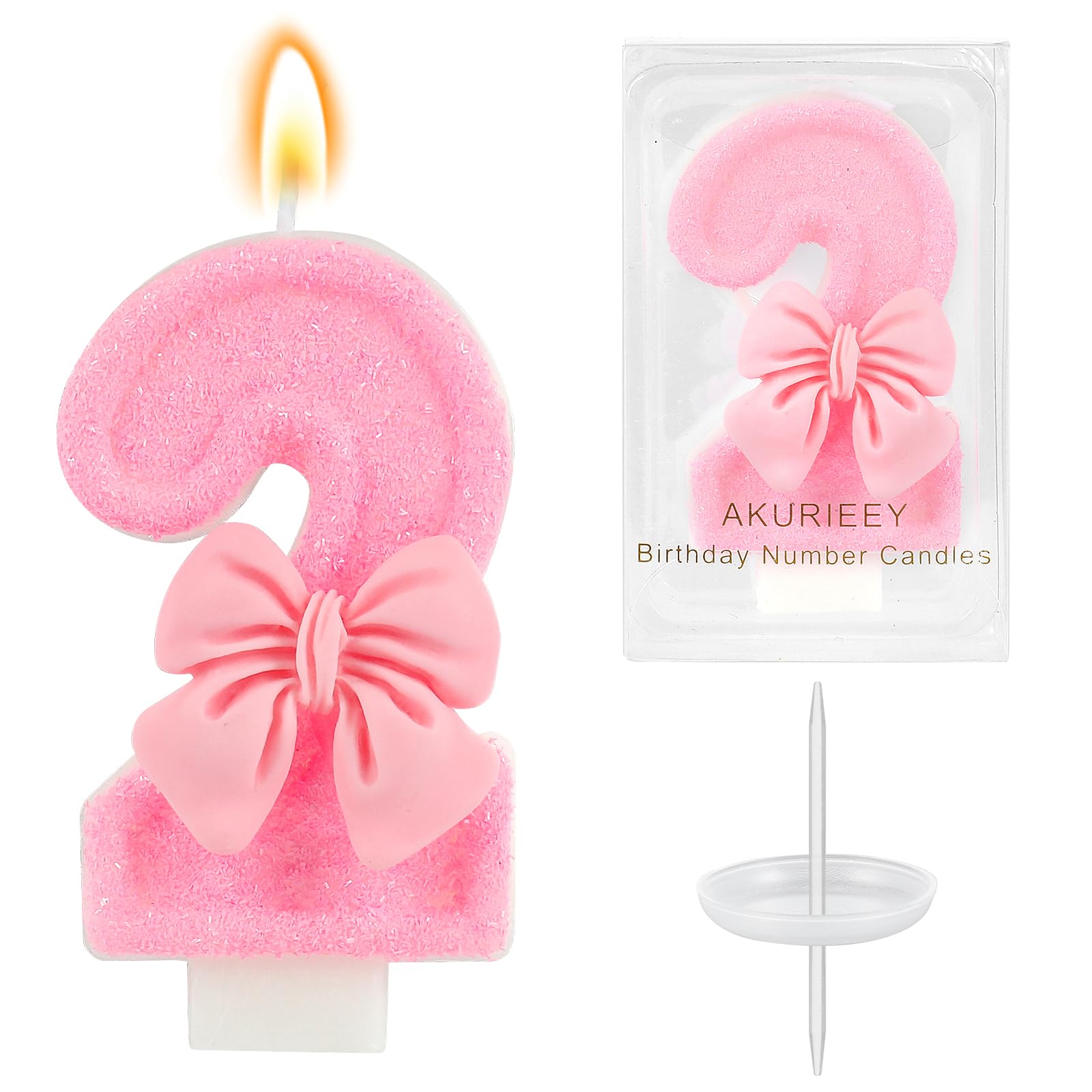 AKURIEEY Pink 2nd Birthday Candle Bow Numbers 2 Candle Cake Topper Cupcake Decorations Party Decor for Girls and Women Anniversary Celebrations Supplies