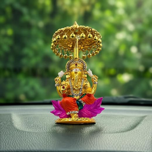 Premium Golden Ganesh Car Dashboard Idol | Decorative Ganpati Murti for Car, Home &amp; Office | Vastu &amp; Spiritual Gift Item