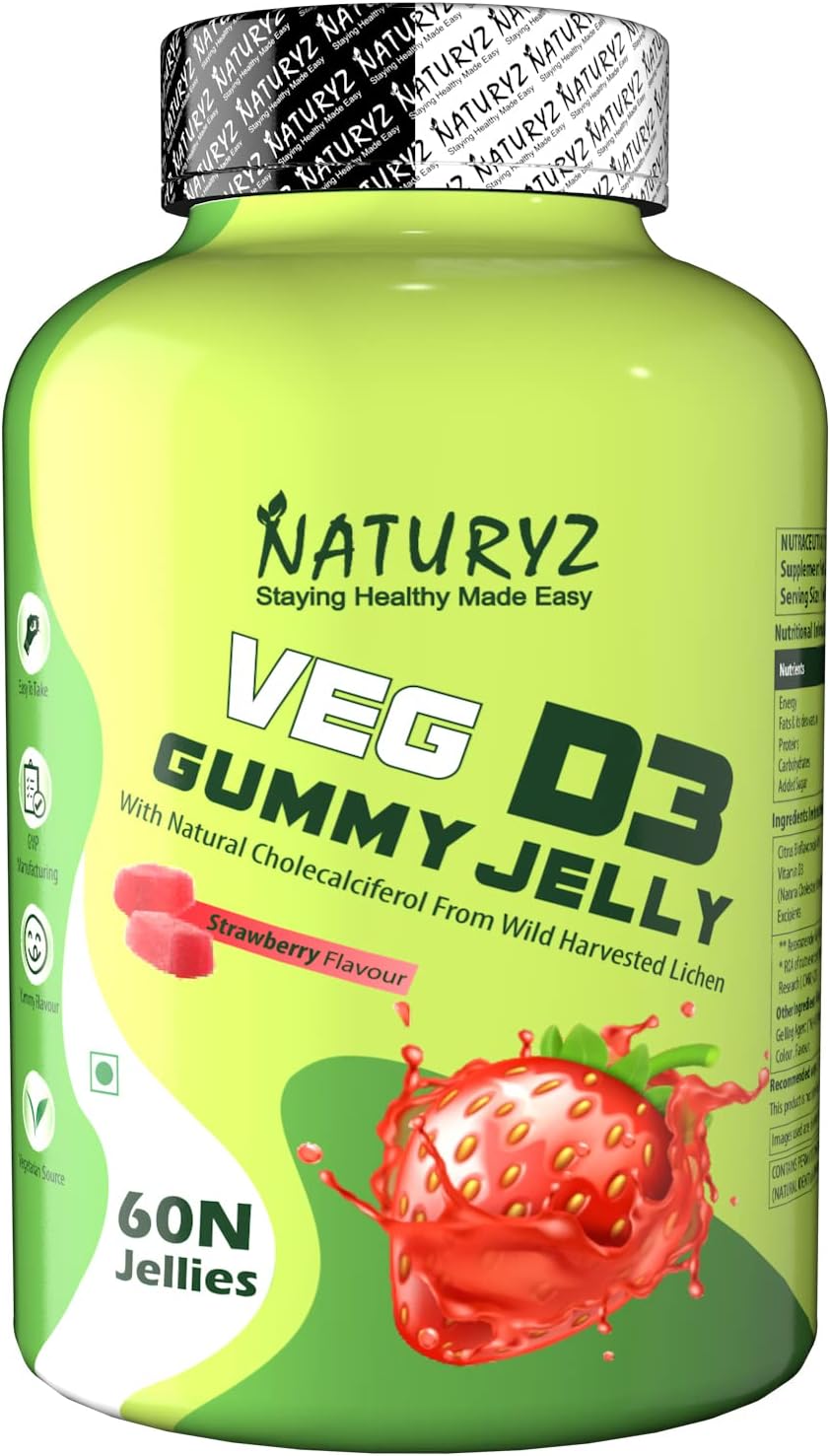 Naturyz Vegetarian Vitamin D3 Gummy Jelly for Adults & Kids, Tasty Vitamin D For Bone Health and Immunity, 60 Gummies (Strawberry Flavour)