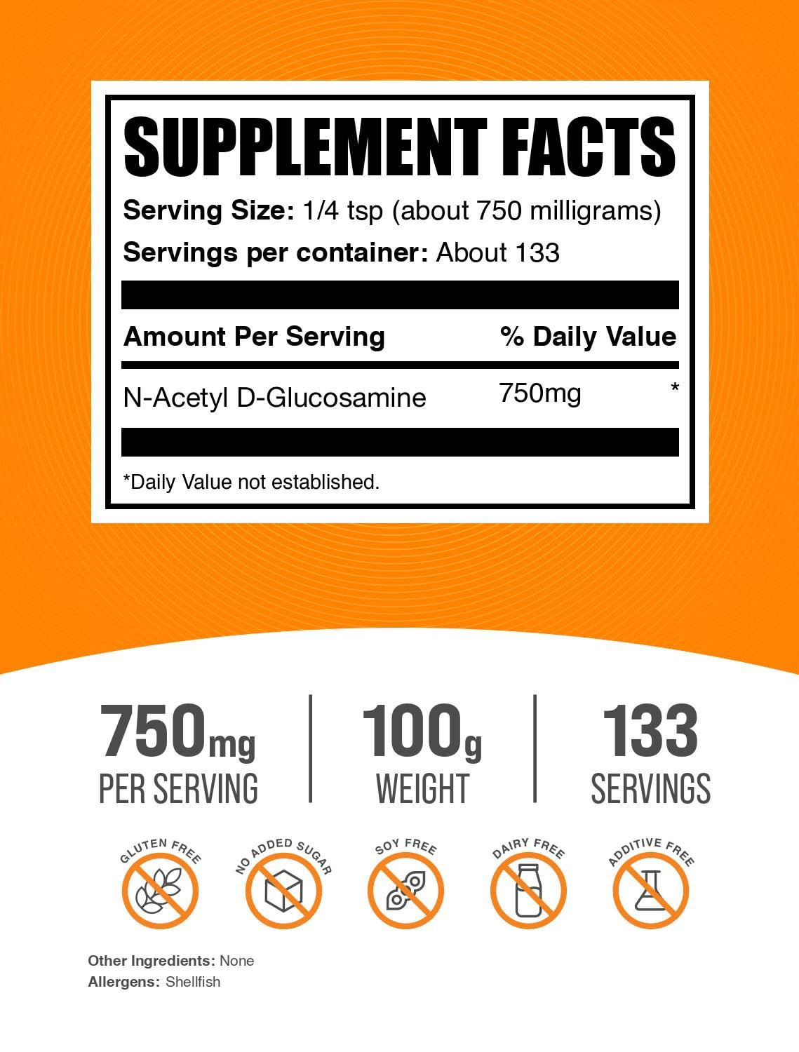 BulkSupplements.com N-Acetyl Glucosamine Powder - NAG Powder, Glucosamine 750mg, Nutritional Supplement - Gluten Free, 750mg of per Serving, 100g (3.5 oz) (Pack of 1)