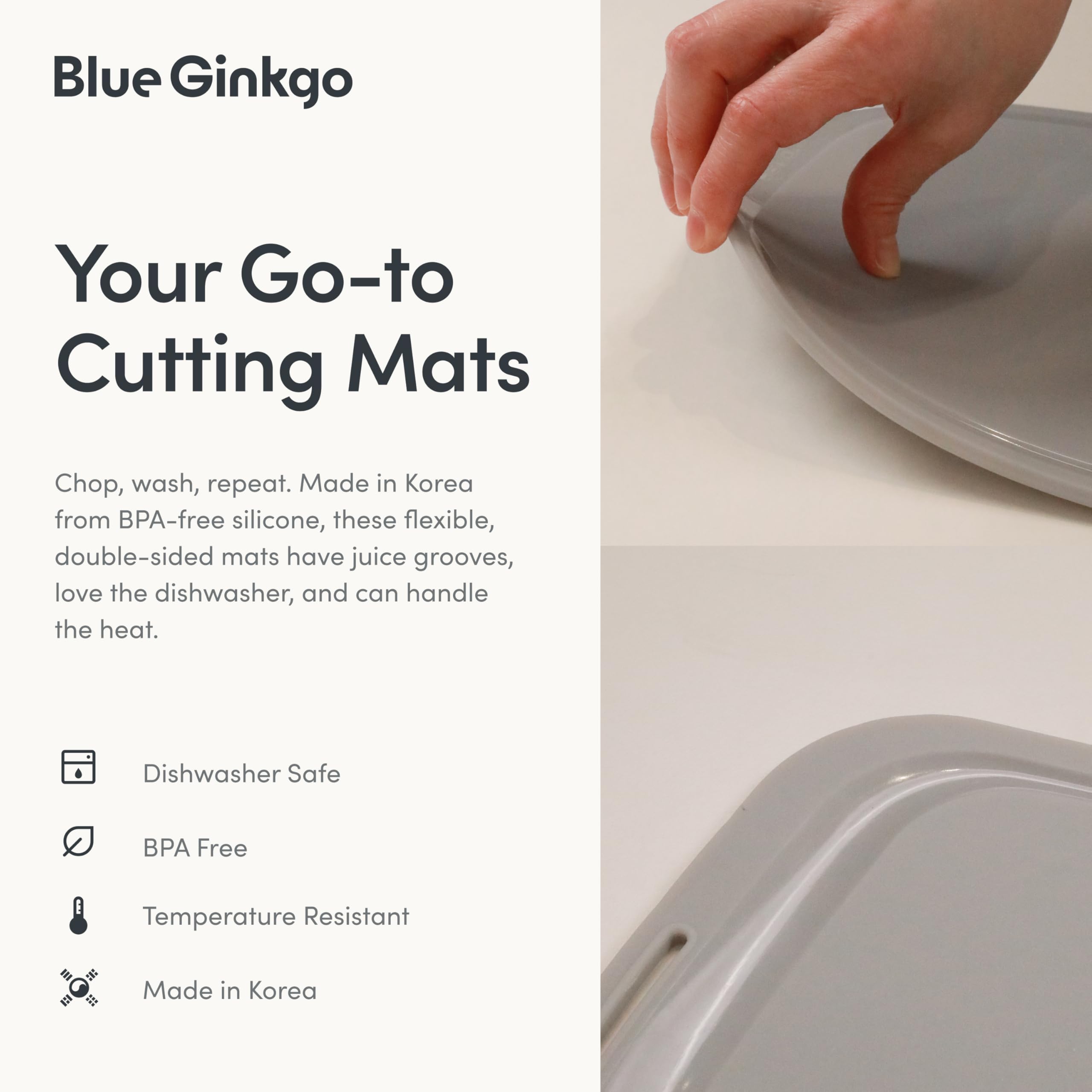 Blue Ginkgo Silikon-Schneidebretter - 3er-Set (klein, mittel, groß) - doppelseitig, dick, flexibel, rutschfest, BPA-frei - Saftrillen, spülmaschinenfest (Made in Korea, Grau) | Doppelseitig, flexibel und spülmaschinenfest.