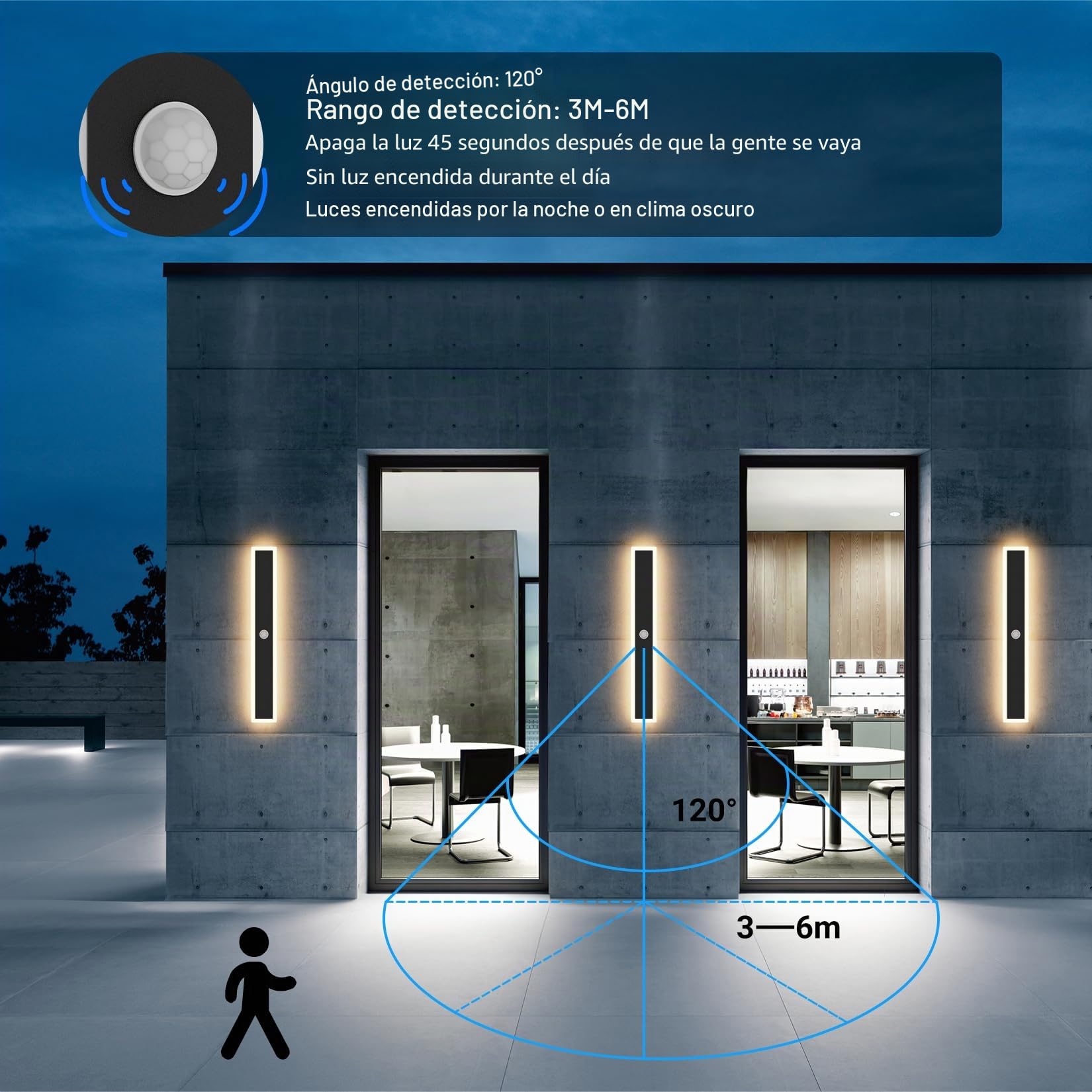 Klighten Led Larga Aplique de Pared Exterior/Interior, 60CM/20W Lámpara de Pared con Detector de Movimiento, IP65 Luz de Pared Acero inoxidable+Acrílico, para Villa/Terraza, Blanco Cálido 3000K, Negro