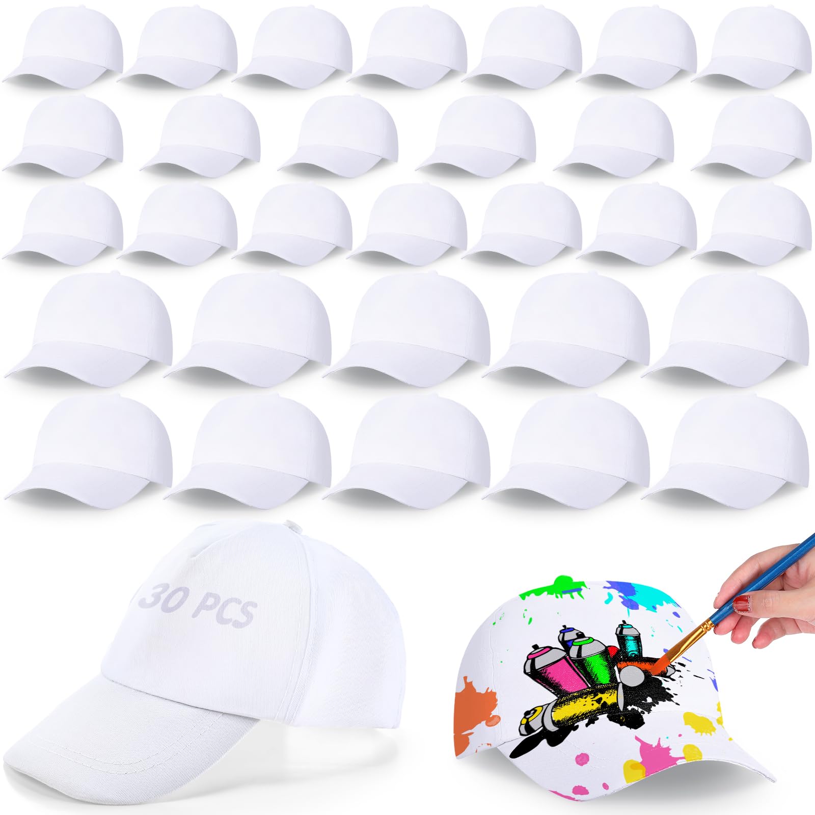 JaGely DIY Baseball Caps DIY Creative Painting Adjustable White Baseball Hat Kids Adults for Camp Outdoor Sports Painting(30 Pcs)