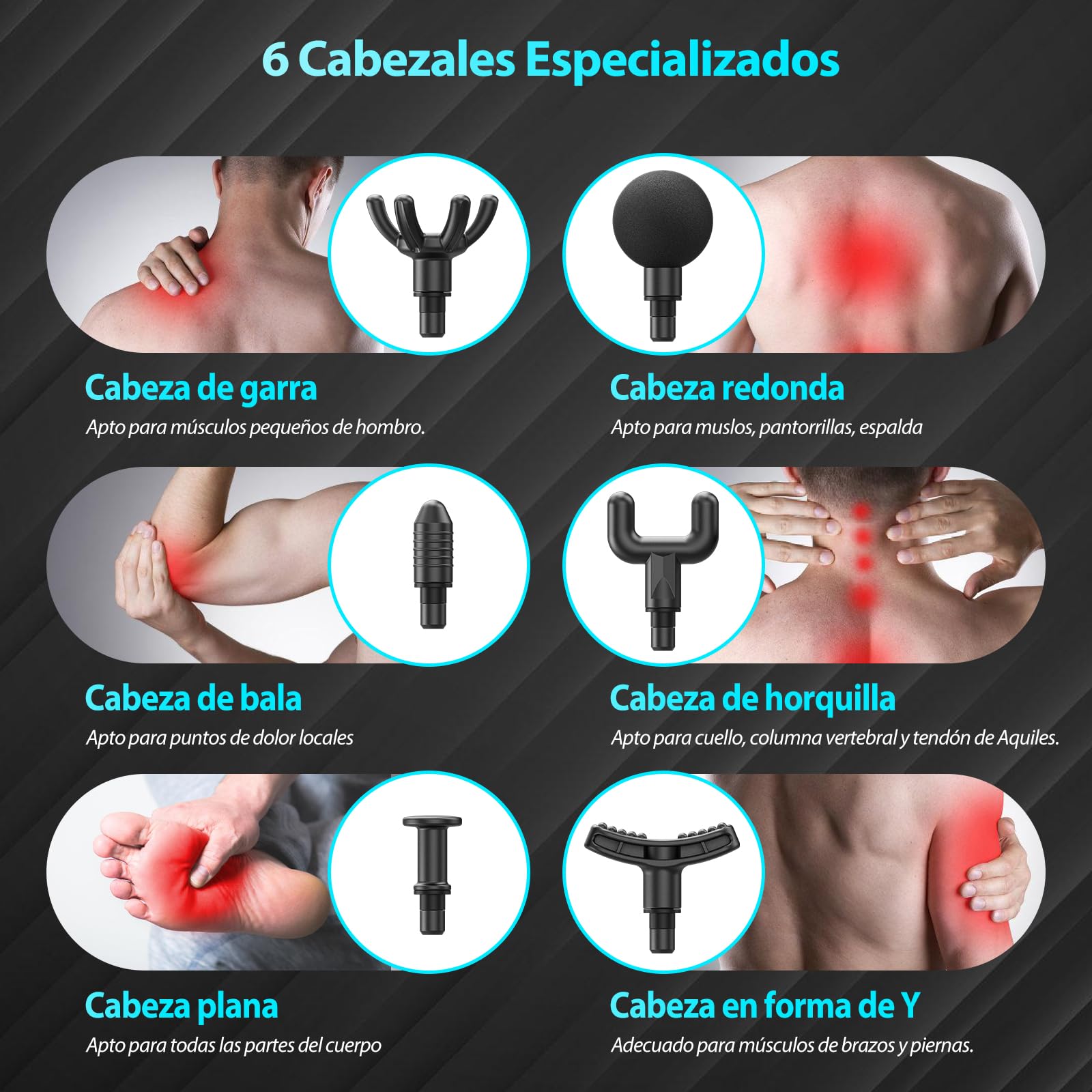 Pistola de Masaje Muscular, Masajeador Cervical y Espalda, pistola masaje con 99 Intensidad Ajustable y 6 Cabezales de Masaje,Silenciosos Masajeador para Aliviar el Dolor Muscular