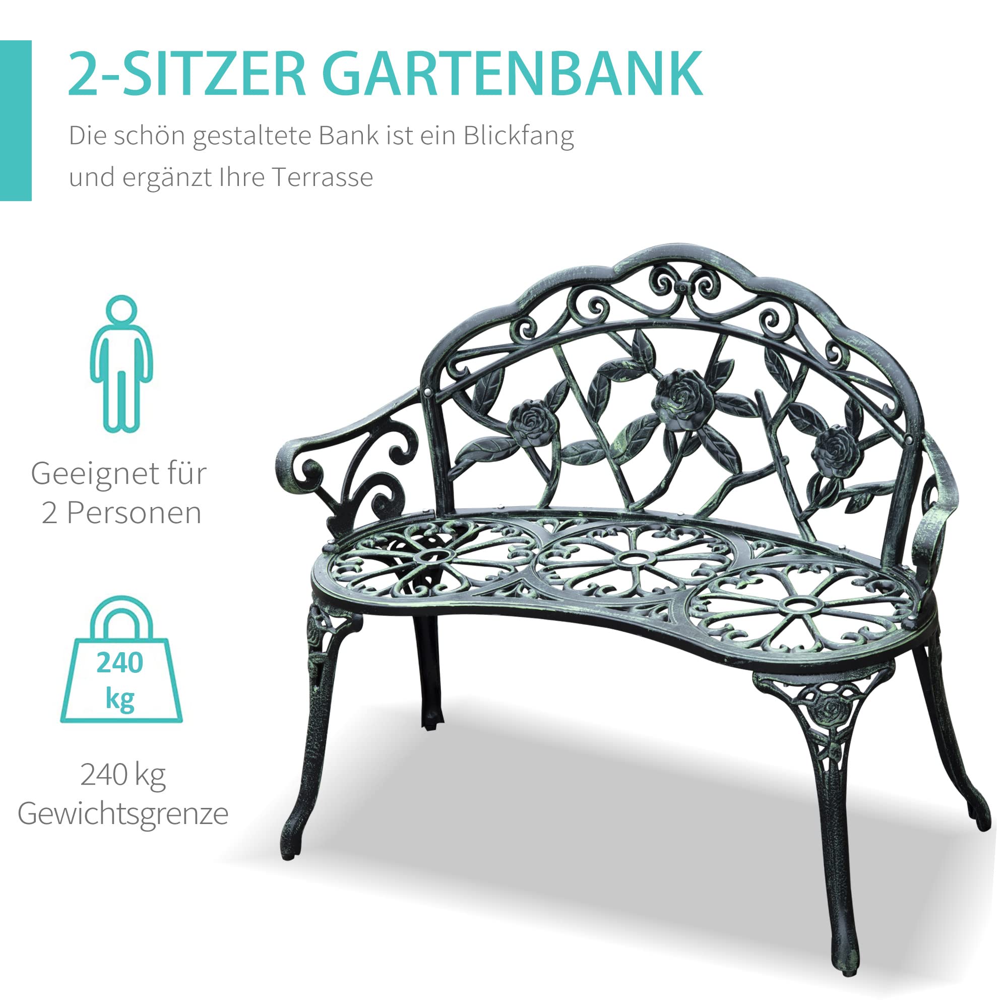Outsunny Gartenbank 2-Sitzer aus Gussaluminium, Sitzbank im Retro Stil, Parkbank mit Blumenmuster, Balkonbank 240 kg belastbar, für Balkon Terrasse, Garten, 100 x 54 x 78 cm, Antik Grün