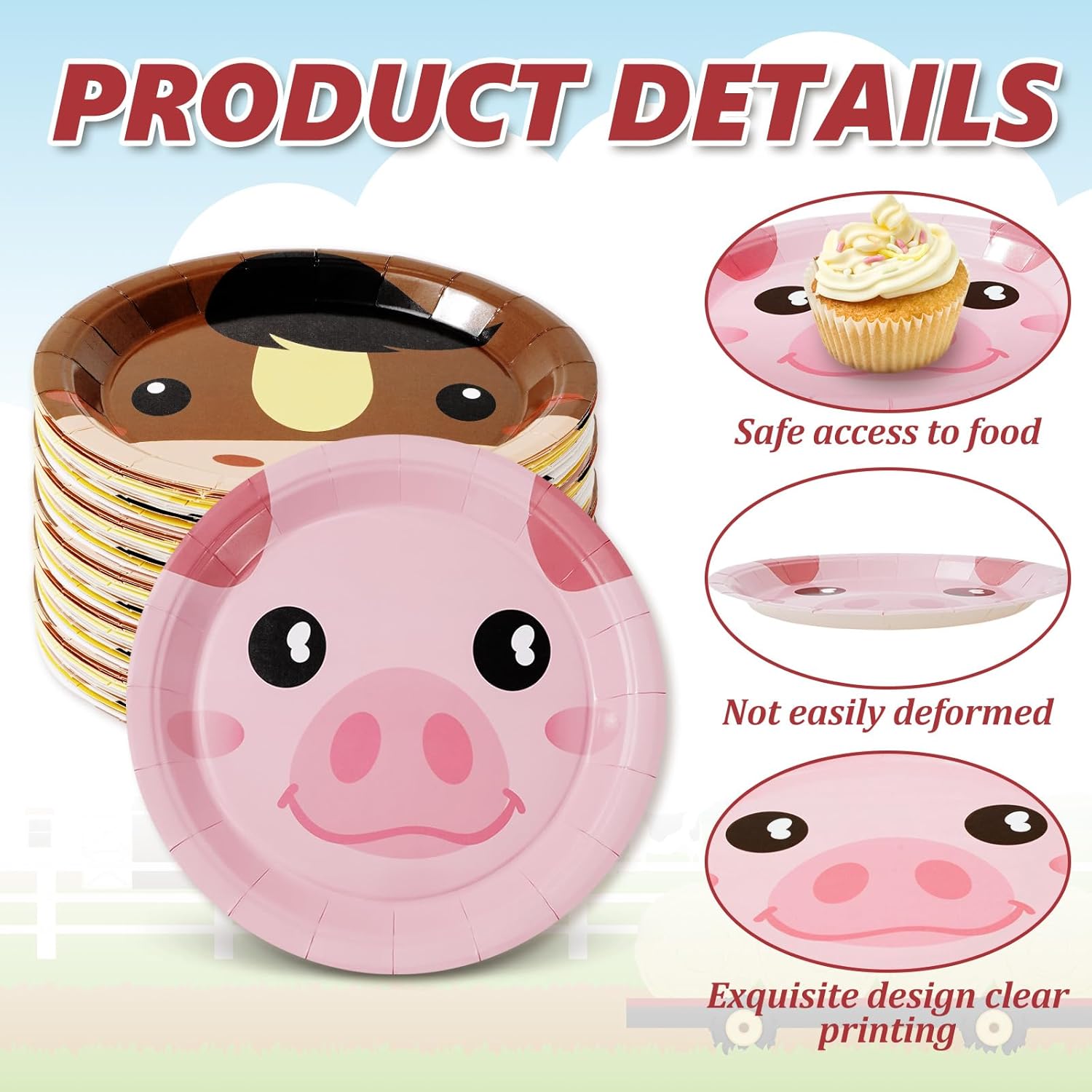 Whaline 60Pcs Farm Animal Birthday Party Dessert Plates Cock Pig Cow Sheep Disposable Paper Plates 6 Designs Farmhouse Dinnerware Plate 7 Inch for Party Supplies Table Decor (Pack of 2)