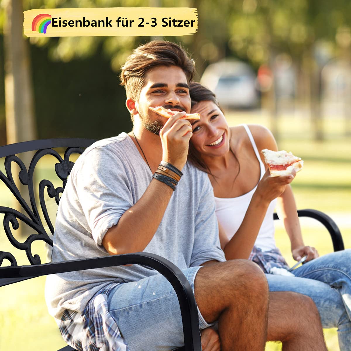 RELAX4LIFE Gartenbank Metall, Parkbank Wetterfest, Sitzbank mit Rückenlehne & Armlehne, Eisenbank für 3 Sitzer, Ruhebank Retro-Stil, Gartenmöbel Stahl Gusseisen, Bank für Garten Park Balkon (Schwarz)