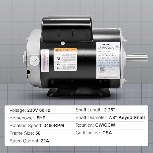 Miniatura 7 de VEVOR Motor de compresor de aire de 5 HP, motor eléctrico de 3450 RPM, 230 V 22 amperios, eje con llave de 78 pulgadas, marco de 56 Hz, longitud del