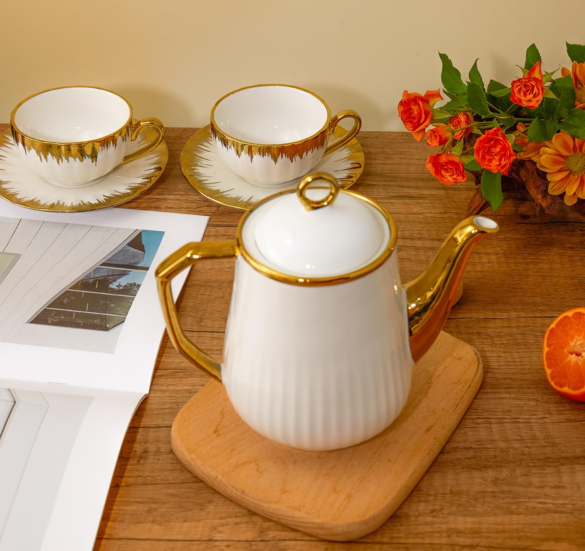 Teiera in porcellana minimalista 、Teiera in ceramica con infusi per teiere da tè sfuso per teiere da tè 、Teiera (oro, grande)