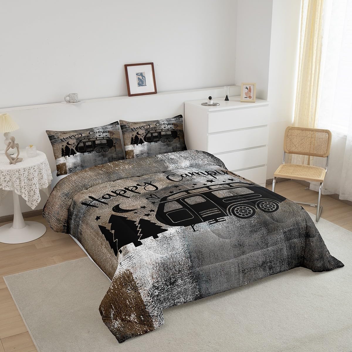 Camper Bedding Set King Size,Happy Camping Comforter Set All Season,RV Inside Decor Duvet Bedding,Camper Accessories for Travel Trailers,Oil Painting Down Comforter with 2 Pillowcases Warm