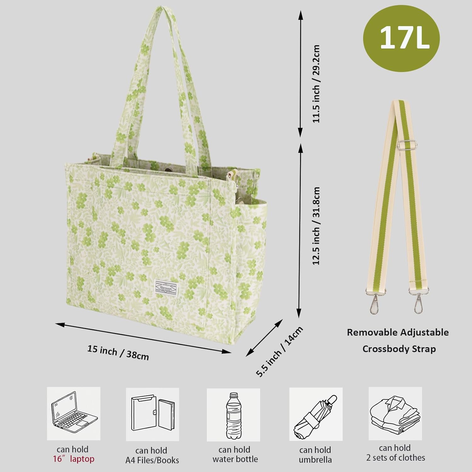 UERRUAM Corduroy Tote Bag for Women Work Tote with Pocket,Teacher Nurse Large Crossbody Shoulder Bag for College Travel Daily