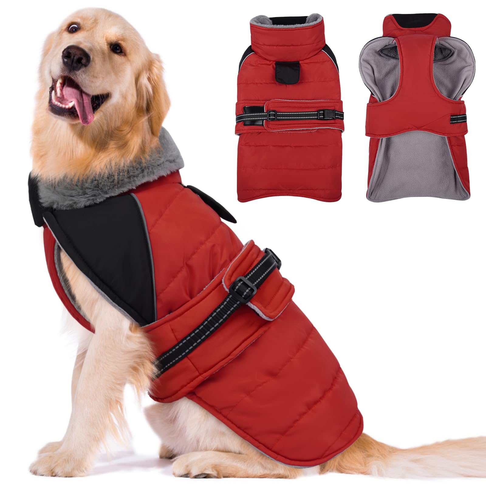 Lelepet Manteau d'hiver imperméable et chaud avec bandes réfléchissantes, doublure en polaire, ajustement réglable pour chiens de très grande taille, gilet coupe-vent pour temps froid, rouge, taille