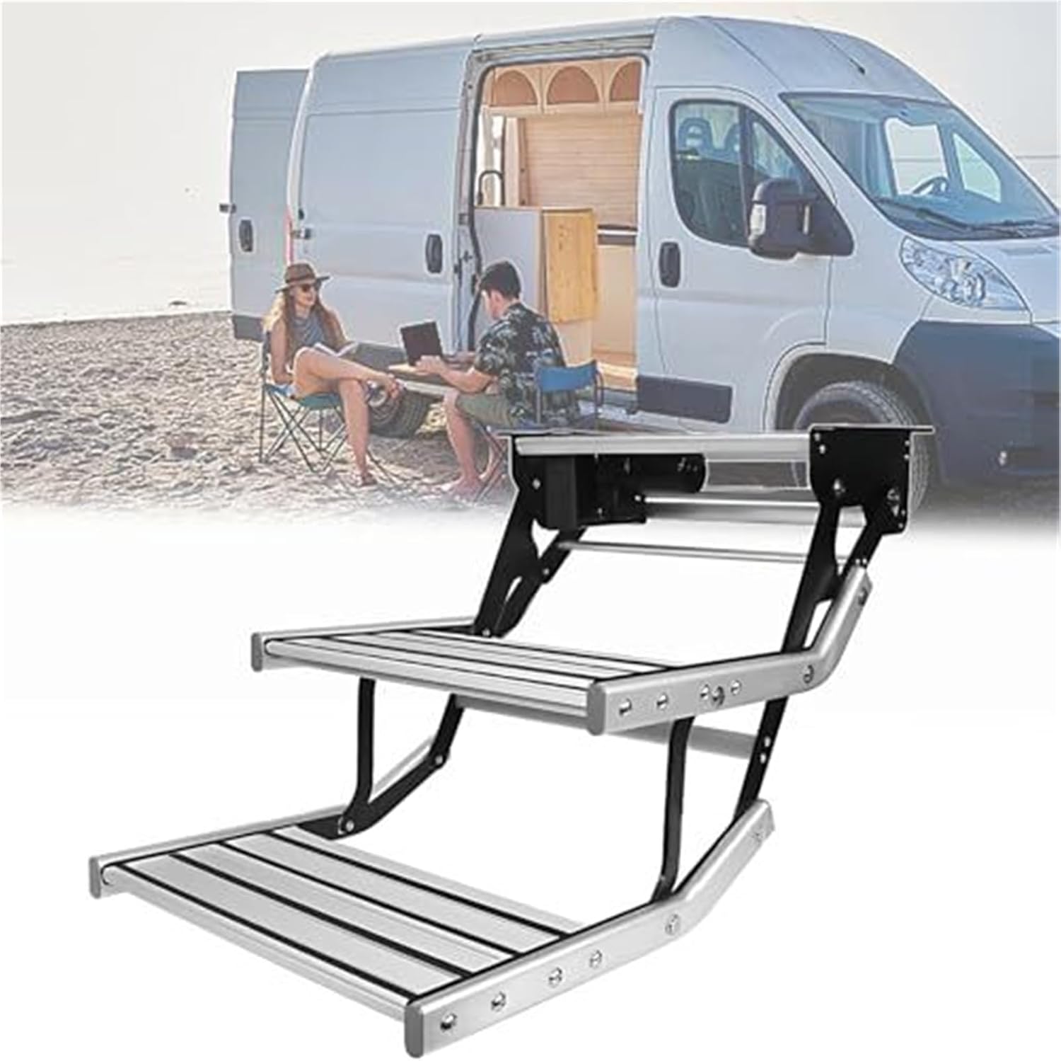 Automatic Retractable RV Steps with LED Lighting, Foldable Aluminum Alloy Frame, Non‑Slip Surface for Camper Van Caravan Truck Motorhome Entry(Double Layer Step)