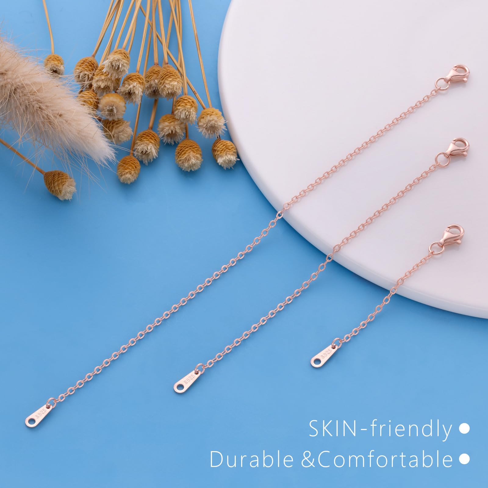 925 Sterling Silber Halskettenverlängerung, Roségold, Kettenverlängerungen für Halsketten, 3 Stück (2, 4, 15,2 cm)
