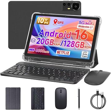10 Inch Tablet Android 16 Tablets with Case 4+16GB RAM+128GB ROM, 6000mah Battery 10 in Android Tableta, 2MP+8MP Dual Camera 10.1 IPS HD Touch Screen Tab Black+Keyboard