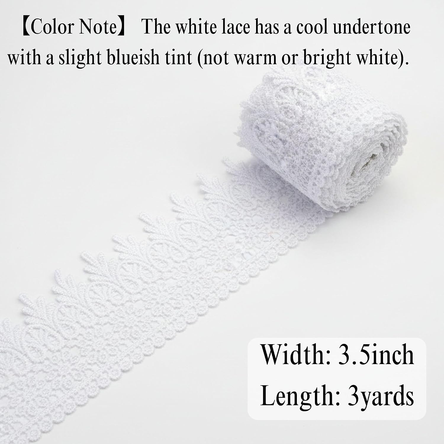 White Floral Embroidered Lace Trim 3.5" Wide – 3Yds Venice Lace Ribbon for Sewing, Wedding Dress, Home Decor, Crafts, Fabric Edge Trim