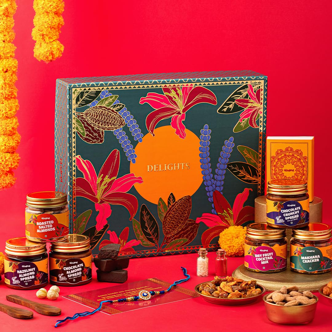 Gladful Premium 10 Items Rakhi Gift Box | Green Floral Keepsake Box with Premium Nuts, Chocolate Spreads, Rakhi & Festive Essentials | Luxurious Raksha Bandhan Gift for Brother-image-9