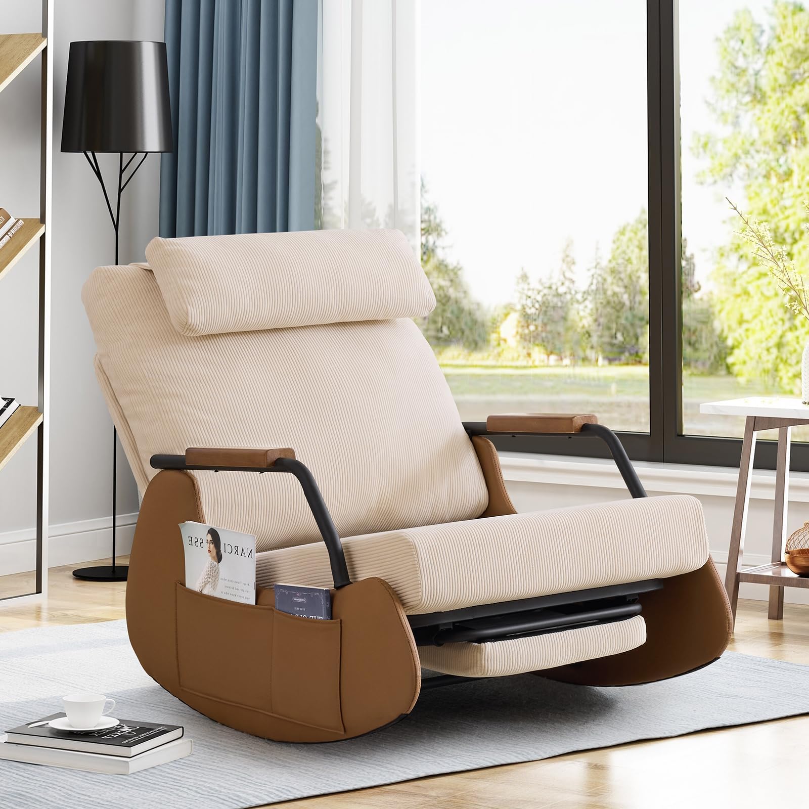 AVAWING Schaukelstuhl mit Klappbarer Rückenlehne,Schaukelsessel mit Kordober Holz und PU,Rocking Chair Schwingsessel für Wohnzimmer,Schlafzimmer,Beige