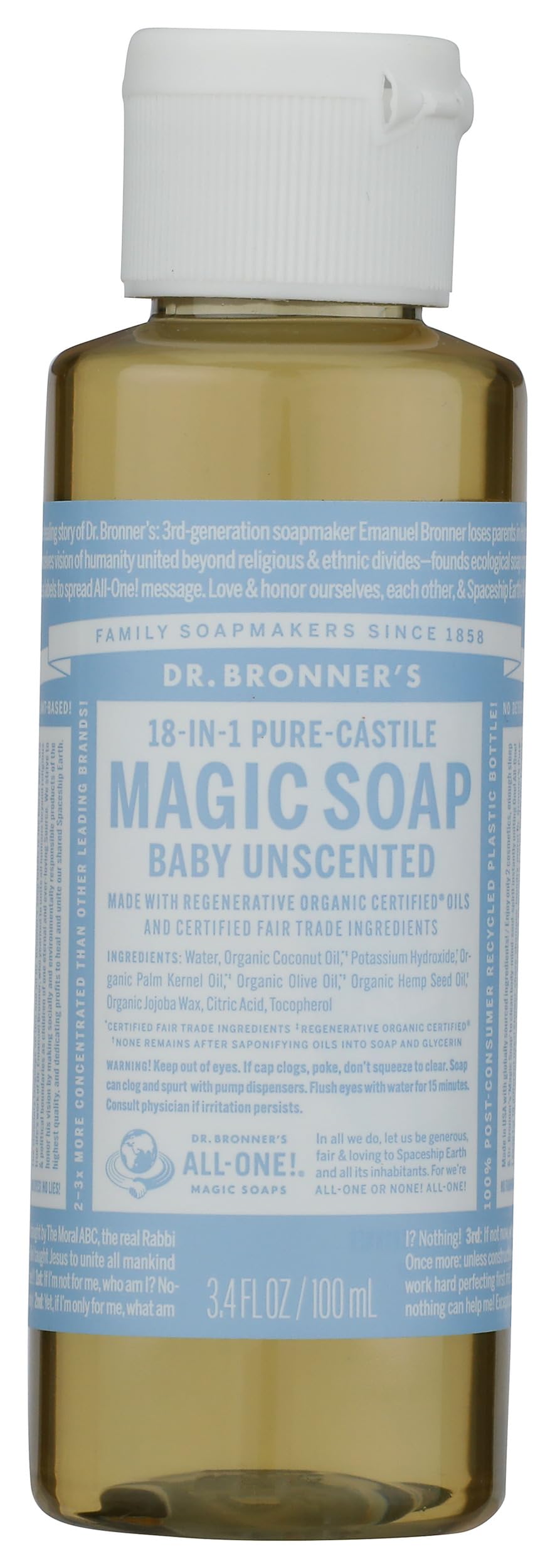 Dr. Bronners Organic Unscented Baby Castile 18-in-1, 3.4 FZ