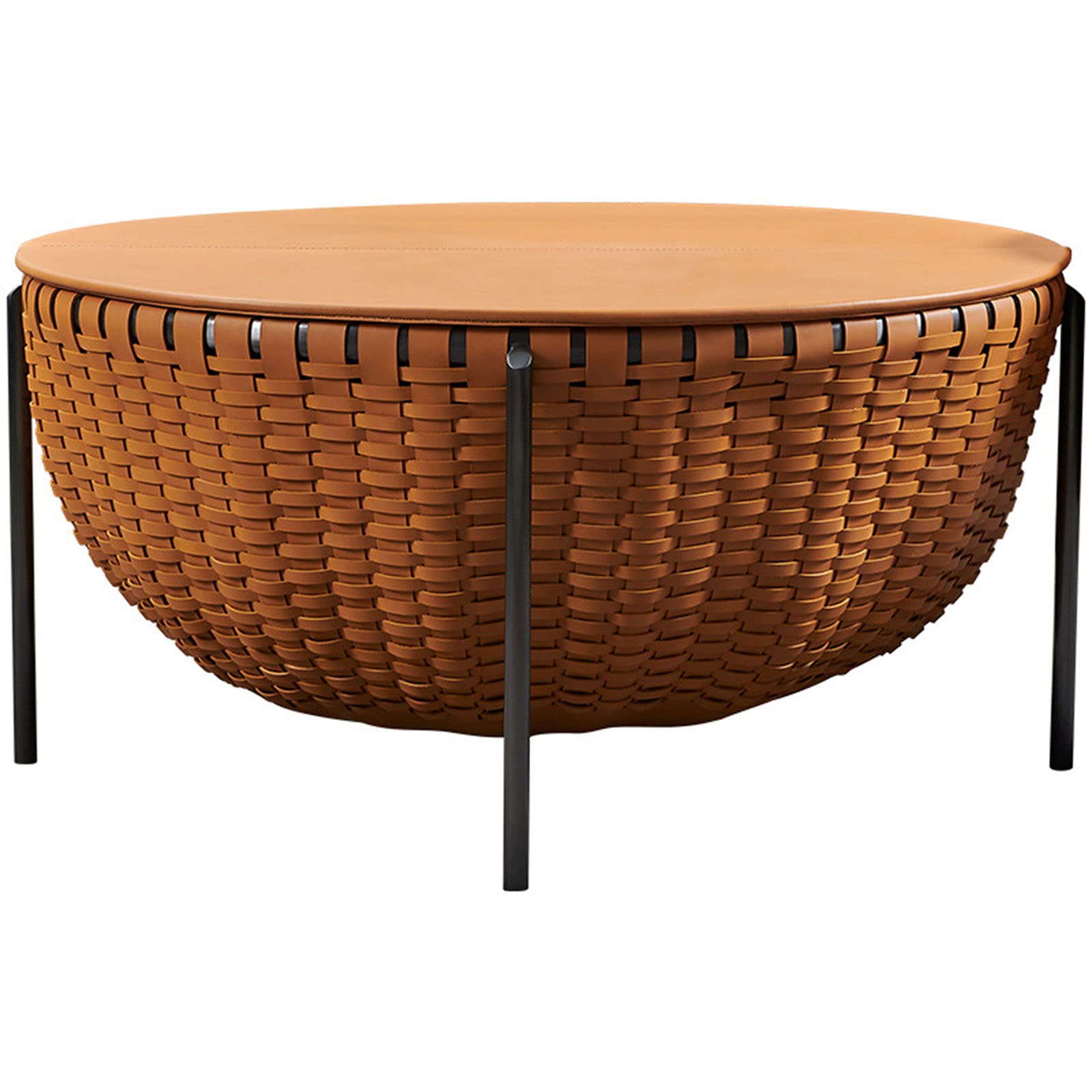 Leather Round Coffee Table with Metal Legs - Half-Clamshell Design - Brown Black Silver - Contemporary Style