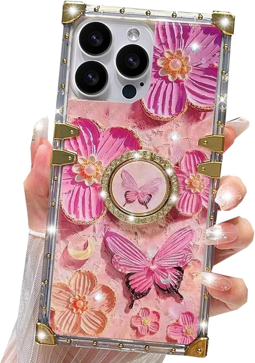 Glitter Floral Kickstand Case for iPhone 16 Pro Max,Cute Colorful Retro Oil Painting Printed Flower Butterfly Bling Sparkly Ring Stand Shockproof Women Girls Case for iPhone 16 Pro Max, Pink - Image 8