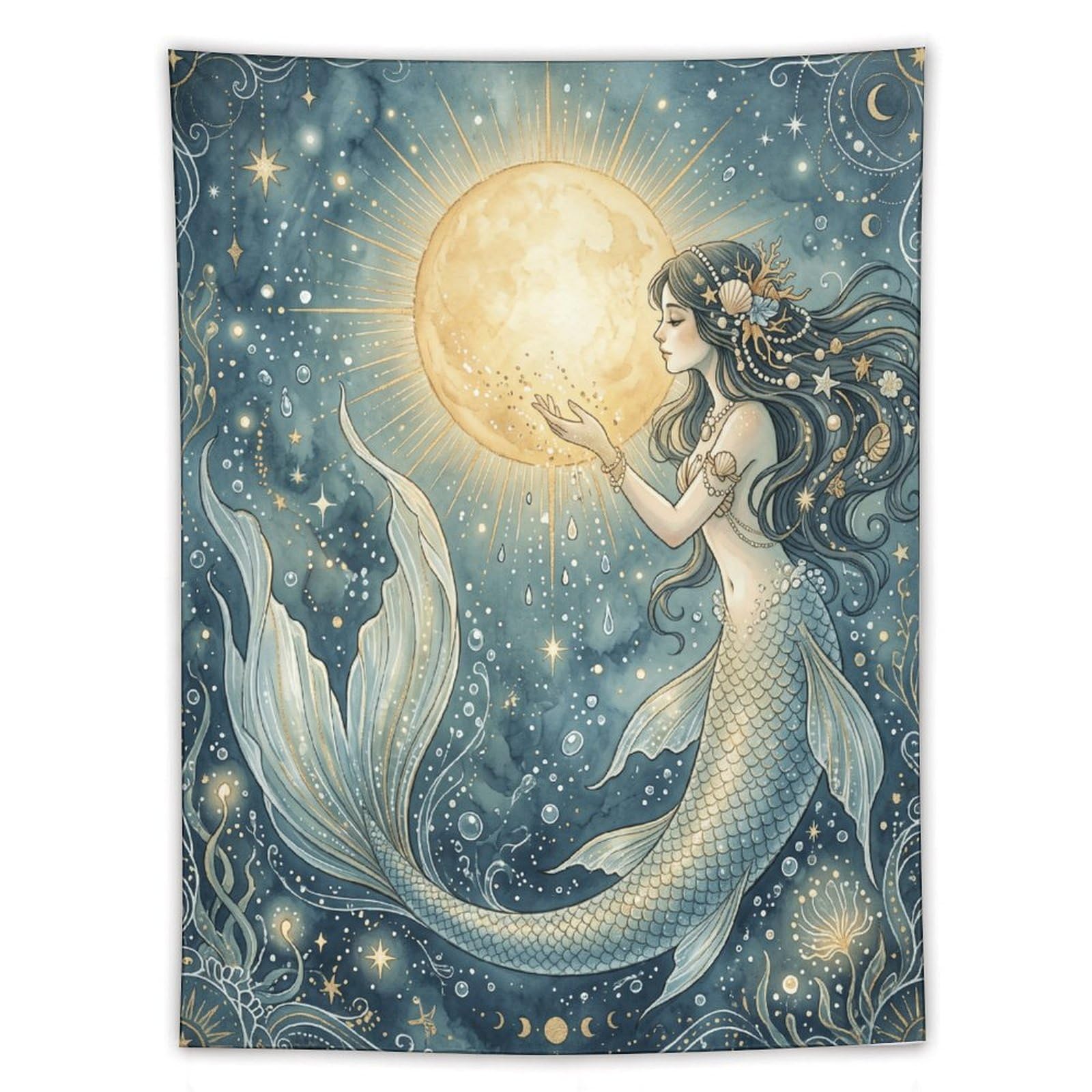 H3B8U2Y5 Moon Mermaid Celestial Wall Tapestry, Fantasy Illustration Style
