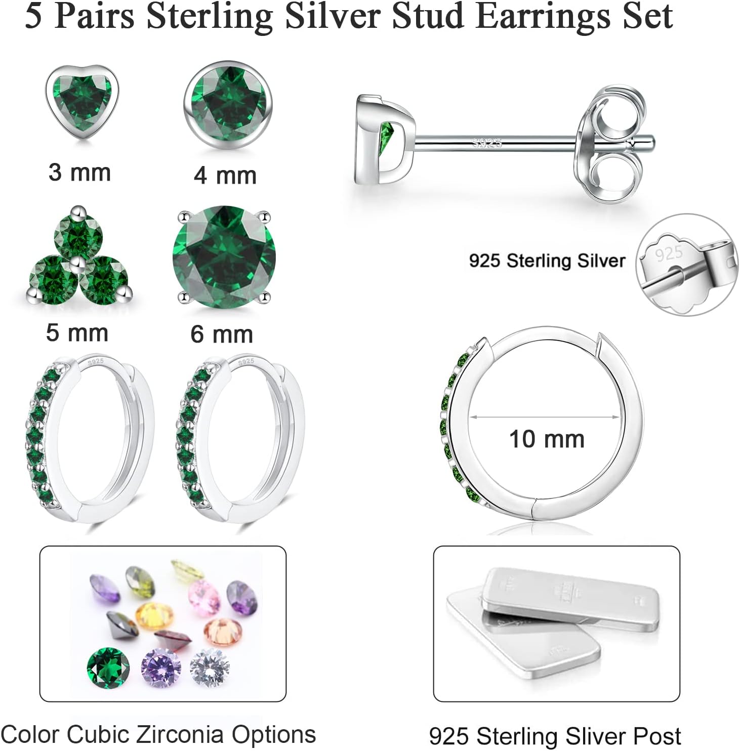 EPIRORA 925 Sterling Silver Studs Earrings Set for Women Men, Hypoallergenic Cubic Zirconia Stud Cartilage Helix Earrings, 5 Pairs Different Sizes Silver Hoop Earring Studs Sets for Multiple Piercing - Image 6