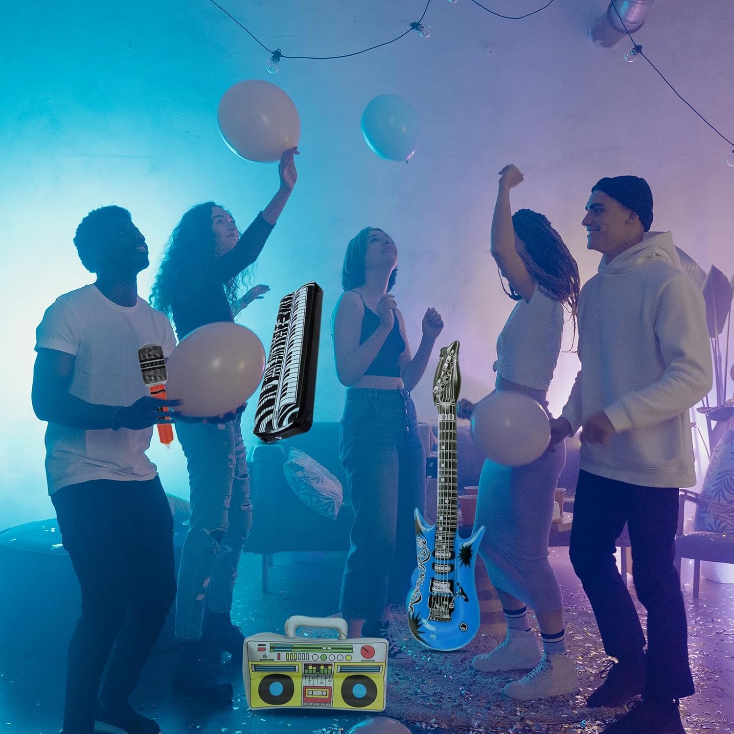 Collezione Gonfiabile di Chitarra Aria – Set di Giocattoli da Festa 6 Pezzi con Chitarre, microfoni e Pianoforte per Atmosfera da Concerto Finale