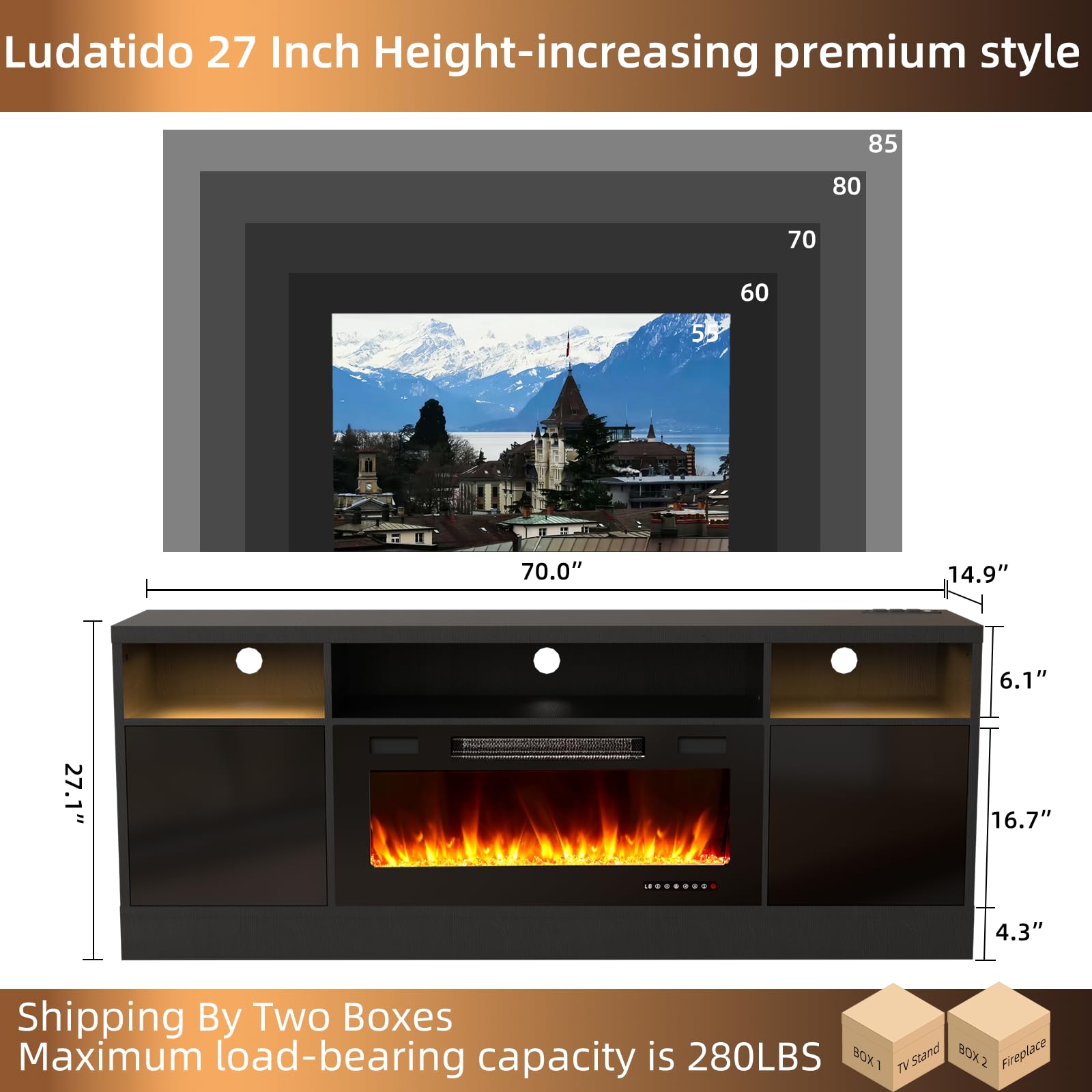 Ludatido 70 Inch TV Stand with 36 inch Electric Fireplace LED Light Entertainment Center Electric Fireplace TV Stand with USB&AC Power Interface for Living Room/Bedroom/Media Room(Black)