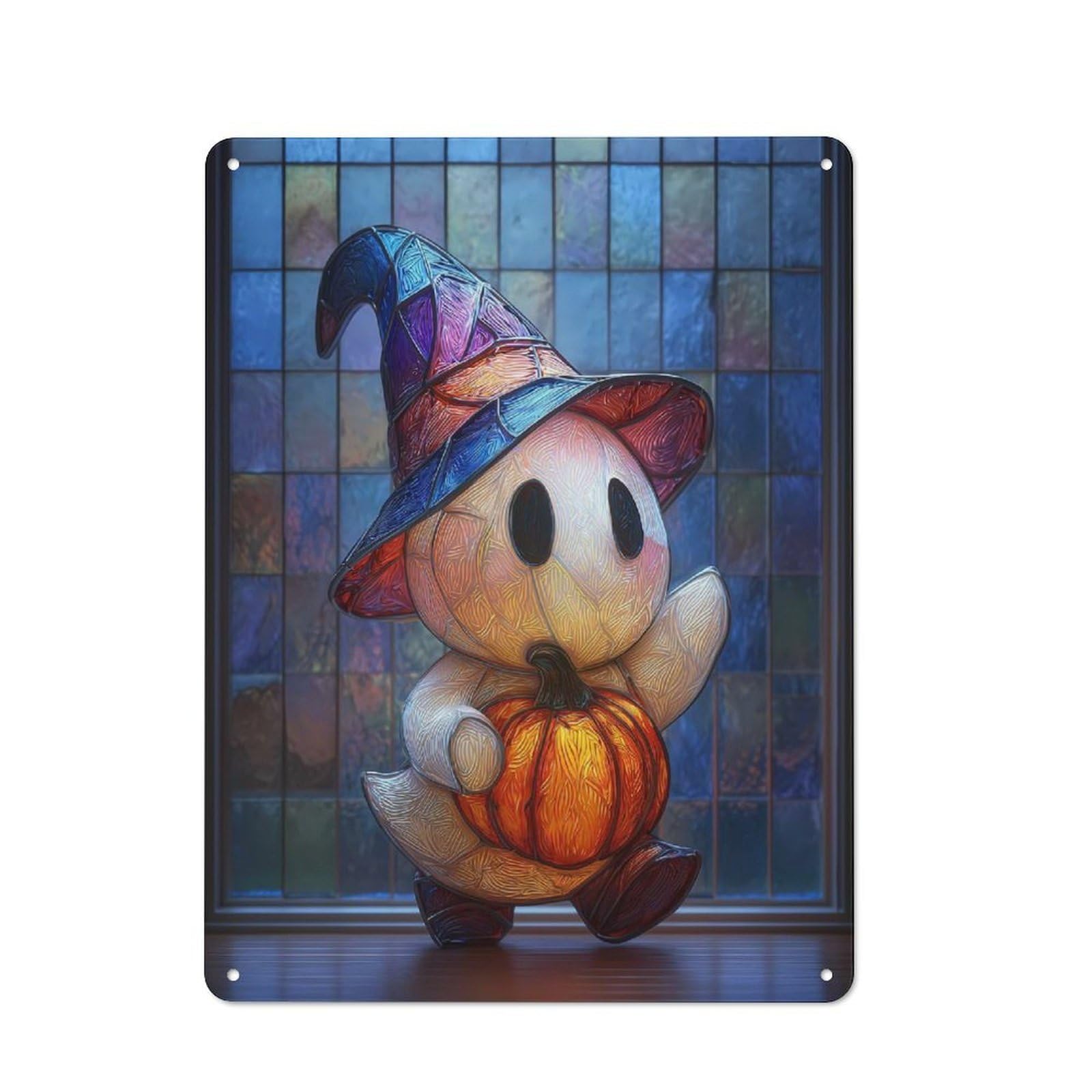Cute Ghost with Pumpkin And Witch Hat Rustic Metal Wall Decor 40x30cm, Decorative Tin Plaque for Pub, Home Bar, Shed Or Man Cave