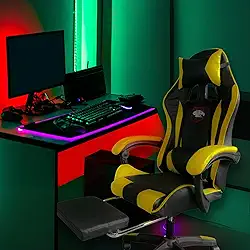 Cadeira Gamer Ergonômica com Apoio para os Pés, Reclinável, Moldada, com Almofadas para Pesçoco e Lombar (Preto Amarelo)