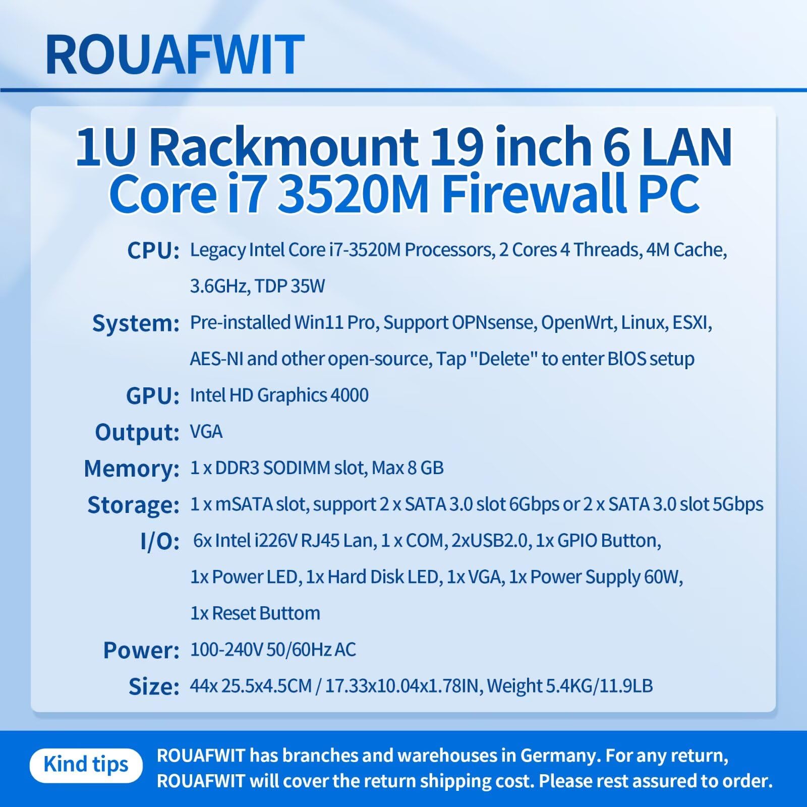 Firewall, 19 inch 1U Rackmount, OPNsense, Network Appliance, Router PC, Core i7-3520M, 6 i226V Lan/2USB/COM/VGA/, SIM Slot, DDR3 Barebone NO RAM NO SSD