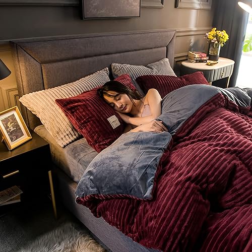 Miniatura 10 de Funda de edredón de pana gruesa, funda de edredón de terciopelo ultra suave con 2 fundas de almohada, fundas de edredón reversibles, ropa de cama de