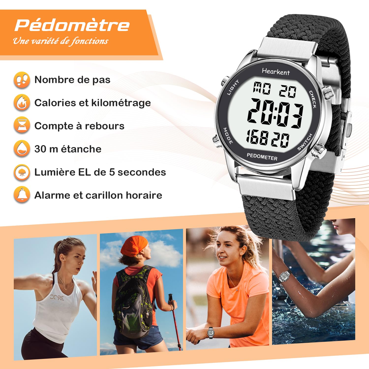 Montre podomètre Femme, Bracelet en Nylon Souple, sans Application ni Charge nécessaires, avec comptage de Pas, de Calories, de Distance, Horloge et rétroéclairage d'écran
