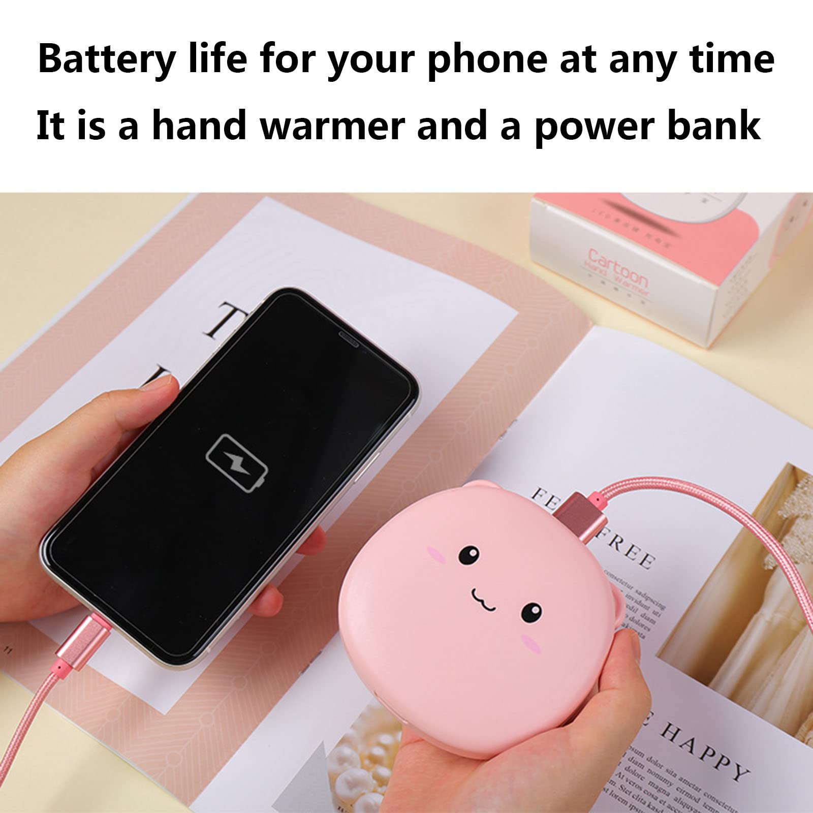 3 en 1 Chauffe-Mains Rechargeables, Batterie Externe 1800mAh avec Miroir de Maquillage LED, Meilleurs Cadeaux d'hiver,Rose,1800mAh