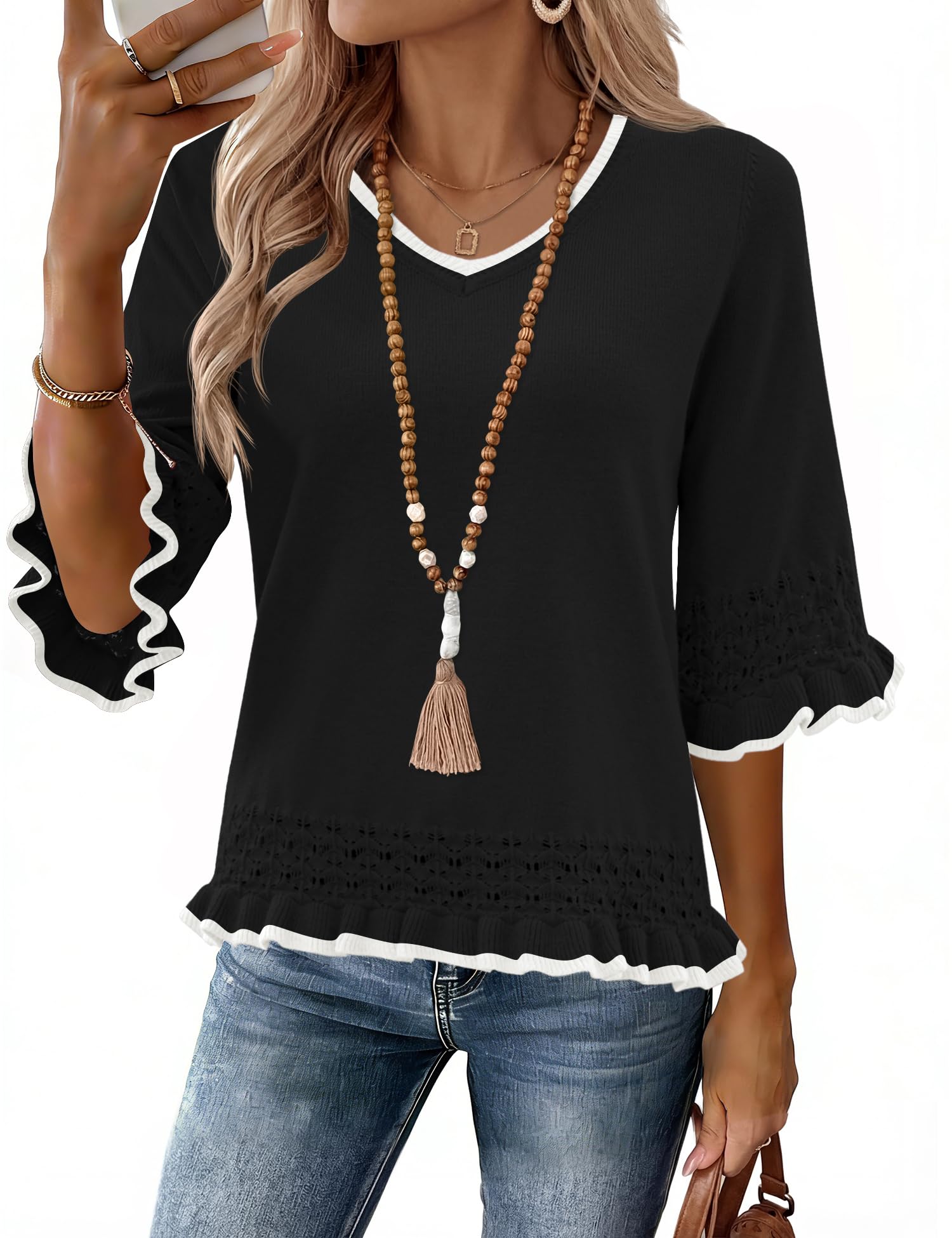 LOMON Women's Sweaters 3/4 Length Sleeve V Neck Peplum Sweater
