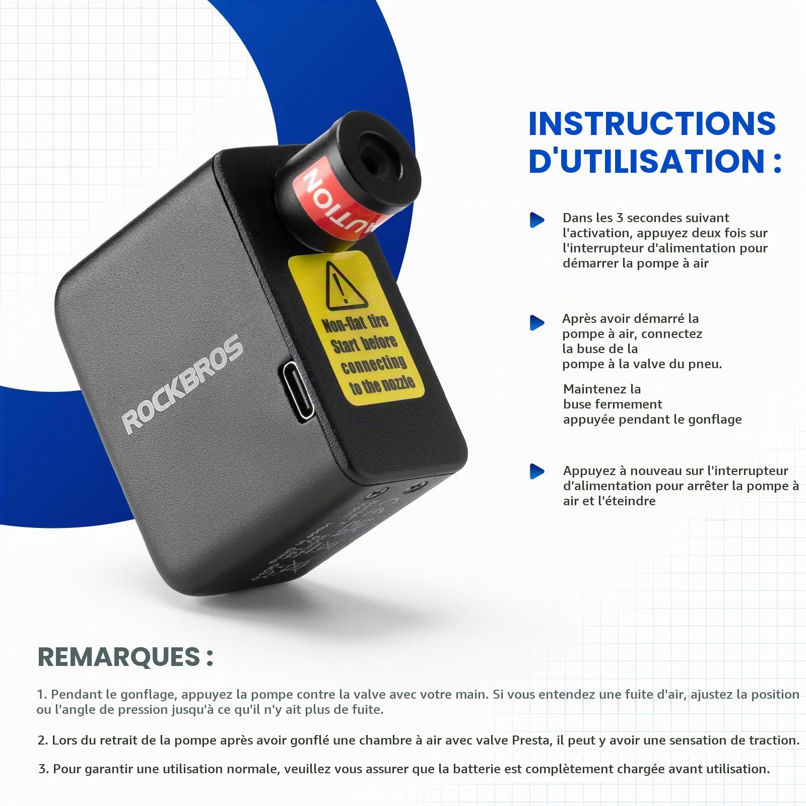 ROCKBROS Pompe à Vélo Électrique Mini, Gonfleur Roue Vélo 100PSI Petit Compresseur à Air VTT 300 mAh Pompe Mini Vélo Rechargeable Type-C pour Route VTT, Noir