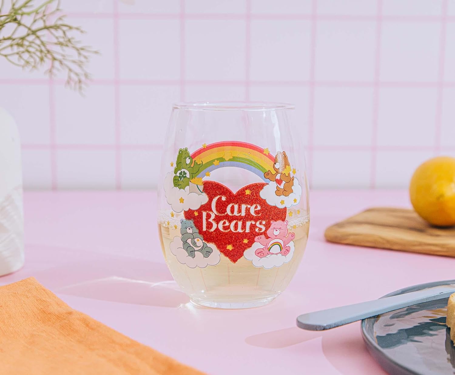 Care Bears Rainbow Heart Logo Stemless Wine Glass, Tumbler Cup For Cocktails | Holds 20 Ounces - Image 4